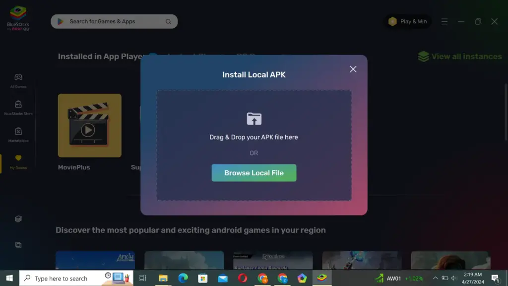 Drag and drop your APK file on BlueStacks window.